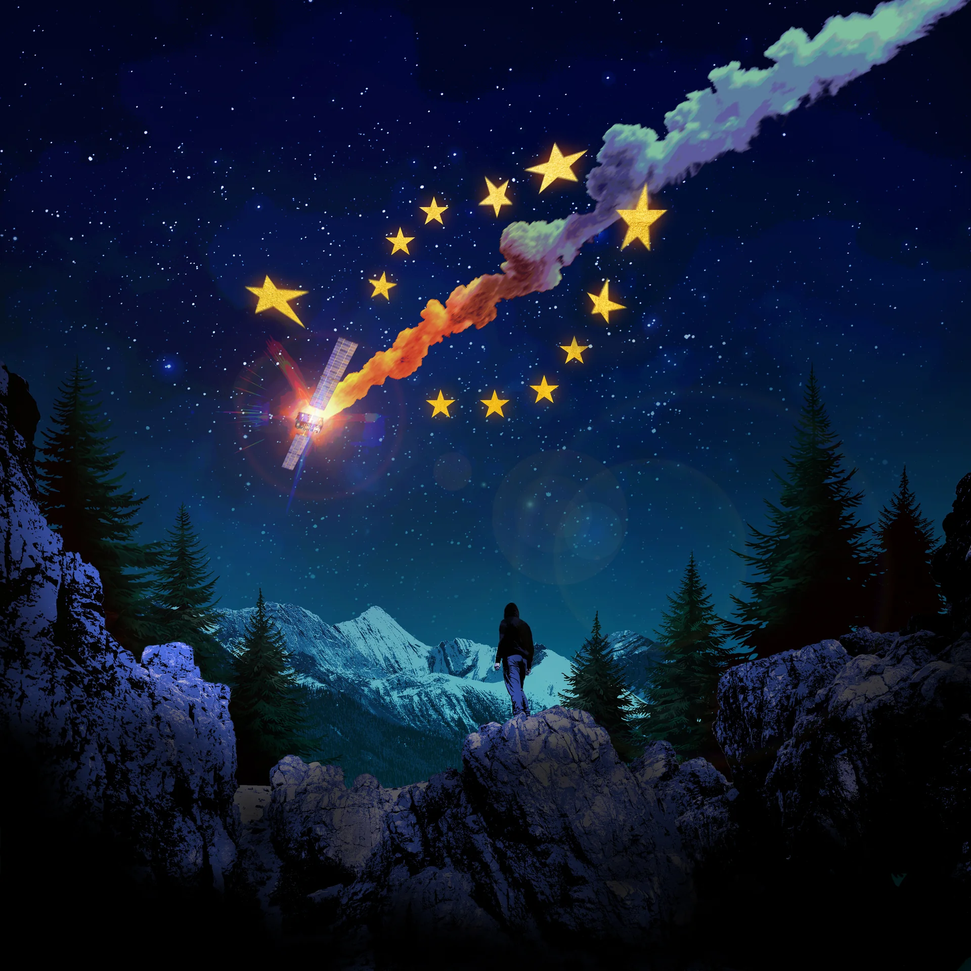 A burning satellite falls through a ring of gold European stars above a lone figure on a mountain ridge.