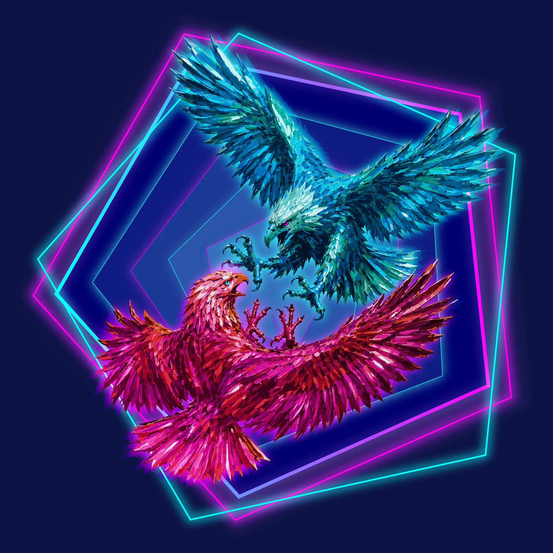 A cyan eagle and a crimson eagle clash talons-first inside glowing neon pentagons.